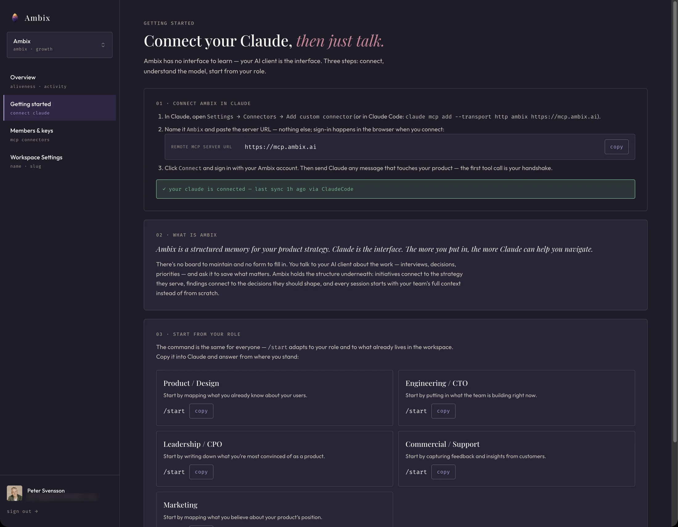 The Ambix getting-started page: connect your AI client in three steps — paste the server URL, sign in, start talking — with role-based starting points